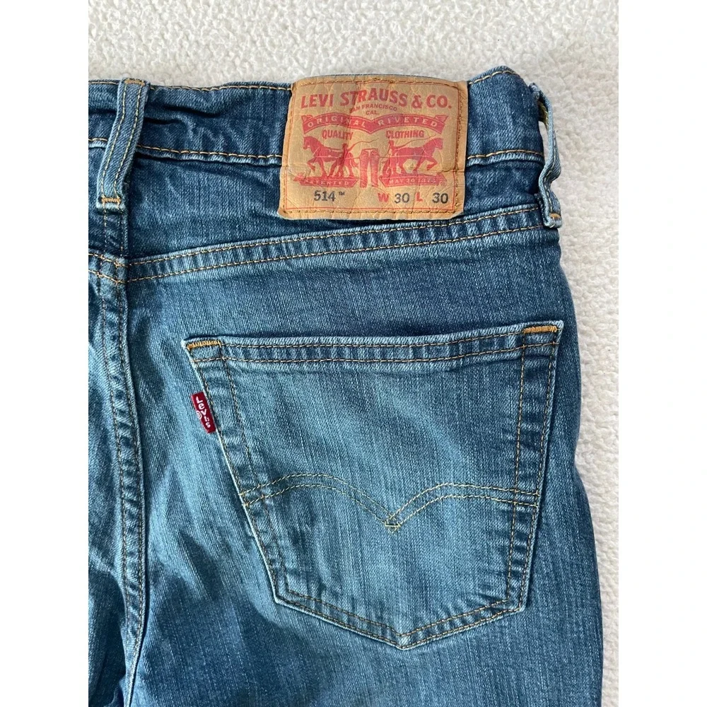 Levis Mens 30x30 (30x28) 514 Straight Fit Jeans Blue Stretch Denim Fade Whiskers